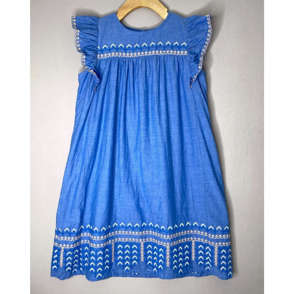 Roberta Roller Rabbit Embroidered Blue Chambray Ruffle Sleeve Dress Girls 10 Yrs
